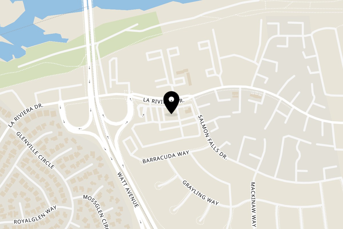 Map showing the location of Rivers Edge Cafe on 8740 La Riviera Dr in Sacramento